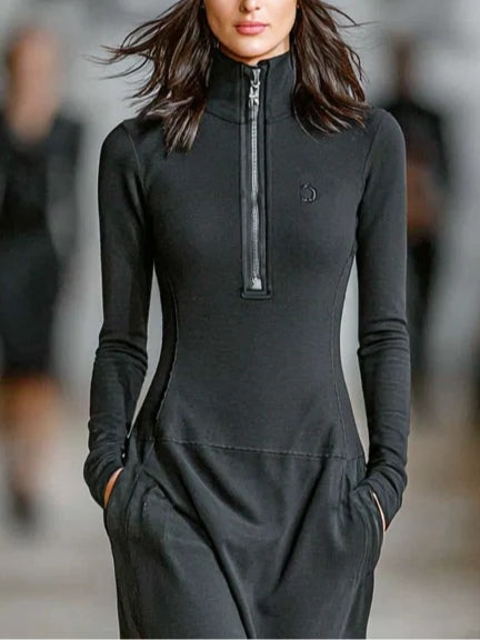 Zwarte coltrui Rits loszittende casual maxi-jurk